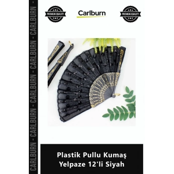 Özel Üretim Kaliteli Şık Aksesuar Kostüm Parti Kına Paket Plastik Pullu Kumaş Yelpaze 12li Siyah