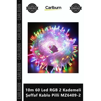 Özel Üretim Dekoratif Şerit Led Işık Yılbaşı 10m 60 Led RGB 2 Kademeli Şeffaf Kablo Pilli MZ64092