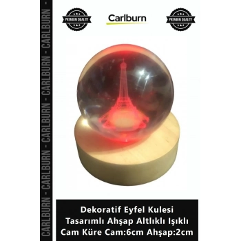 Özel Üretim Dekoratif Eyfel Kulesi Tasarımlı Ahşap Altlıklı Işıklı Cam Küre Cam6cm Ahşap2cm