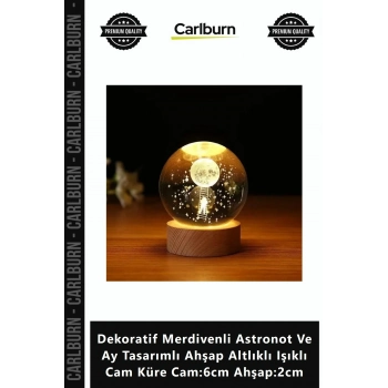 Özel Üretim Dekoratif Merdivenli Astronot Ay Tasarımlı Ahşap Altlıklı Işıklı Cam Küre Cam6cm Ahşap2c