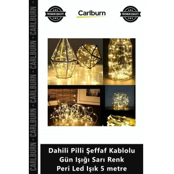 Özel Üretim Dekoratif Dahili Pilli Şeffaf Kablolu Gün Işığı Sarı Renk Peri Led Işık 5 metre