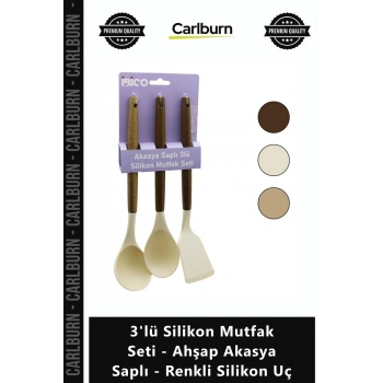 Özel Üretim Isıya Dayanıklı 3lü Silikon Mutfak Seti Ahşap Akasya Saplı Renkli Silikon Uç