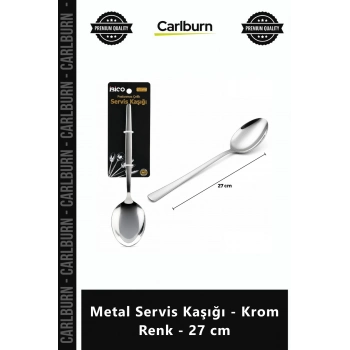 Özel Üretim Dayanıklı Paslanmaz Çelik Şık Mutfak Sunumu Metal Servis Kaşığı Krom Renk 27 cm