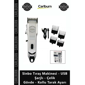 Özel Üretim Saç Sakal Kesme Sinbo Tıraş Makinesi USB Şarjlı Çelik Gövde Kollu Tarak Ayarı