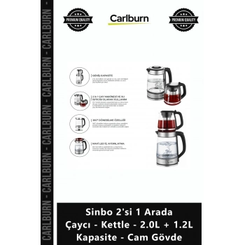 Özel Üretim Şık Mavi Led Işıklı Sinbo 2si 1 Arada Çaycı Kettle 20L + 12L Kapasite Cam Gövde