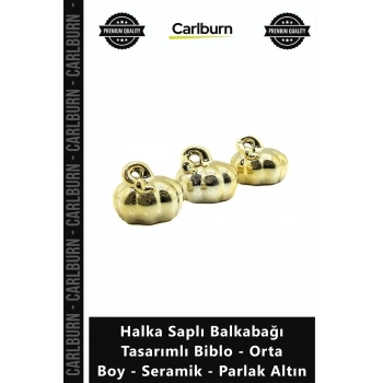 Özel Üretim Dekoratif Şık Halka Saplı Balkabağı Tasarımlı Biblo Orta Boy Seramik Parlak Altın