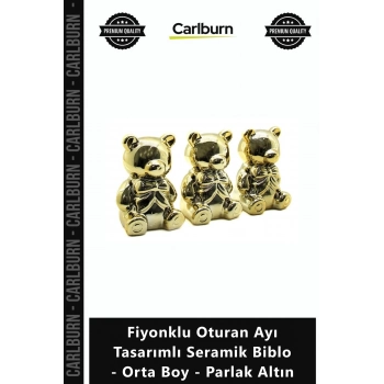 Özel Üretim Gold Dekoratif Fiyonklu Oturan Ayı Tasarımlı Seramik Biblo Orta Boy Parlak Altın