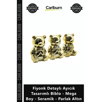 Özel Üretim Lüks Dekoratif Gold Fiyonk Detaylı Ayıcık Tasarımlı Biblo Mega Boy Seramik Parlak Altın