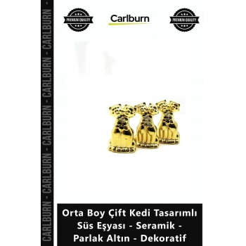 Özel Üretim Gold Biblo Orta Boy Çift Kedi Tasarımlı Süs Eşyası Seramik Parlak Altın Dekoratif