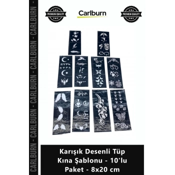 Özel Üretim Pratik Geçici Dövme Hint Kınası Karışık Desenli Tüp Kına Şablonu 10lu Paket 8x20 cm