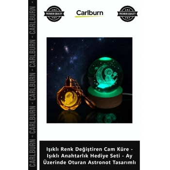 Özel Üretim Işıklı Renk ğiştiren Cam Küre Işıklı Anahtarlık Ay Üzerinde Oturan Astronot Tasarımlı