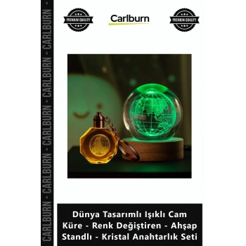 Özel Üretim Dünya Tasarımlı Işıklı Cam Küre Renk ğiştiren Ahşap Standlı Kristal Anahtarlık Seti