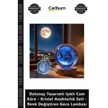 Özel Üretim Dolunay Tasarımlı Işıklı Cam Küre Kristal Anahtarlık Seti Renk ğiştiren Gece Lambası