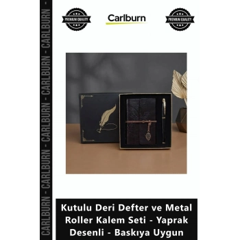 Özel Üretim Vip Logo Kutulu Deri Defter Metal Roller Kalem Seti Yaprak Desenli Baskıya Uygun