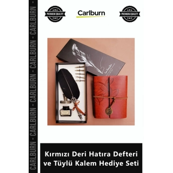 Özel Üretim Nostaljik Eskitme Tasarım şiye Kırmızı Deri Hatıra Defteri Tüylü Kalem Hediye Seti