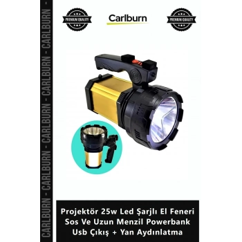 Özel Üretim Projektör 25w Led Şarjlı El Feneri Sos Uzun Menzil Powerbank Usb Çıkış + Yan Aydınlatma