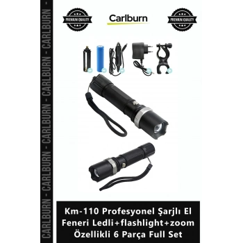 Özel Üretim Km110 Profesyonel Şarjlı El Feneri Ledli+flashlight+zoom Özellikli 6 Parça Full Set