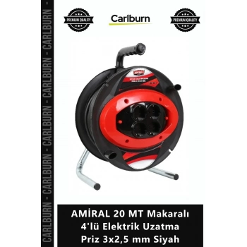 Özel Üretim Dayanıklı Kalın Kablolu AMİRAL 20 MT Makaralı 4lü Elektrik Uzatma Priz 3x25 mm Siyah