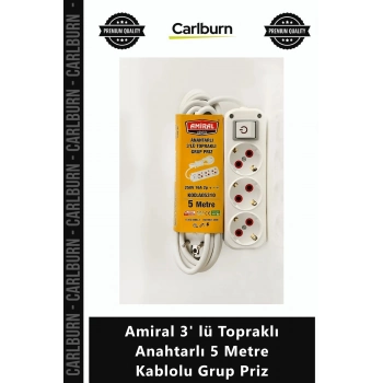 Özel Üretim Beyaz Uzatma Kablosu Elektrik Amiral 3 lü Topraklı Anahtarlı 5 Metre Kablolu Grup Priz