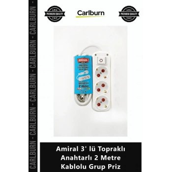 Özel Üretim Beyaz Uzatma Kablosu Güçlü Amiral 3 lü Topraklı Anahtarlı 2 Metre Kablolu Grup Priz