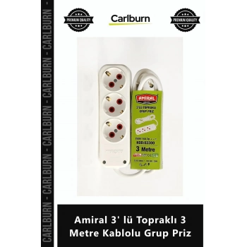 Özel Üretim Beyaz Dayanıklı Güvenli Uzatma Kablosu Amiral 3 lü Topraklı 3 Metre Kablolu Grup Priz