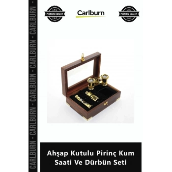Özel Üretim Nostaljik Dekoratif Vintage Koleksiyonluk Ahşap Kutulu Pirinç Kum Saati Dürbün Seti