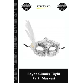 Özel Üretim Kaliteli Plastik Parlak Süslemeli Şık Zarif Maskeli Balo Beyaz Gümüş Tüylü Parti Maskesi