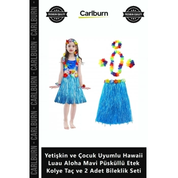 Özel Üretim Yetişkin Çocuk Uyumlu Hawaii Luau Aloha Mavi Püsküllü Etek Kolye Taç 2 Bileklik Seti