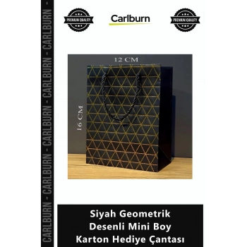 Özel Üretim Lüks Gold Yaldızlı Kaliteli Çanta Siyah Geometrik Desenli Mini Boy Karton Hediye Çantası