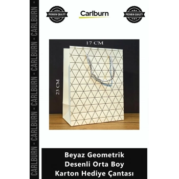 Özel Üretim Modern Şık Lüks Kaliteli Sunum Kutu Beyaz Geometrik Desenli Orta Boy Karton Hediye Çanta
