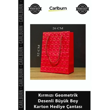Özel Üretim Şık Lüks Kaliteli Yılbaşı Tasarım Kırmızı Geometrik Desenli Büyük Boy Karton Hediye Çant