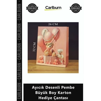 Özel Üretim Kaliteli Dayanıklı Bebek Sunum Ayıcık Desenli Pembe Büyük Boy Karton Hediye Çantası
