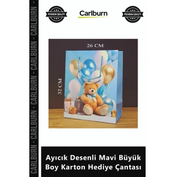 Özel Üretim Lüks Kaliteli Dayanıklı Bebek Tasarım Ayıcık Desenli Mavi Büyük Boy Karton Hediye Çantas