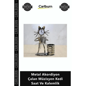Özel Üretim El İşçiliği Dekoratif Masaüstü Obje Metal Akordiyon Çalan Müzisyen Kedi Saat Kalemlik