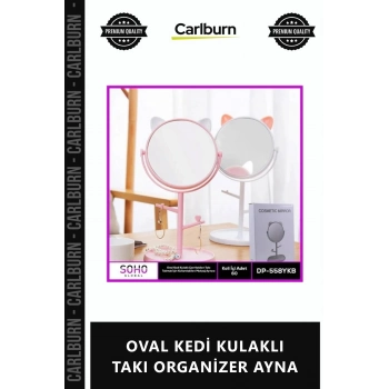 Özel Üretim Dekoratif Masaüstü Makyaj Aynası Şık Modern Kedili OVAL KEDİ KULAKLI TAKI ORGANİZER AYNA