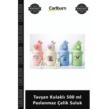 Özel Üretim Çocuk Termosu Pipetli Sızdırmaz Kilitli Tavşan Kulaklı 500 ml Paslanmaz Çelik Suluk