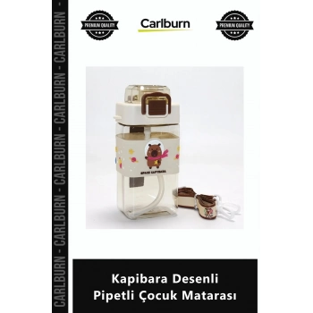 Özel Üretim BPA İçermeyen Sızdırmaz Askılı Silikon Kılıflı Kapibara Desenli Pipetli Çocuk Matarası
