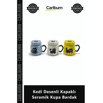 Özel Üretim Hediye Tasarım Ofis Ev Dekoratif Kedi Severler Kedi Desenli Kapaklı Seramik Kupa Bardak