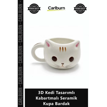 Özel Üretim Hediyelik Dekoratif El Yapımı Kahve 3D Kedi Tasarımlı Kabartmalı Seramik Kupa Bardak