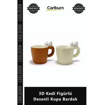 Özel Üretim Seramik Tasarım Şık Hediye Kahve Çay Ofis Dekoratif 3D Kedi Figürlü Desenli Kupa Bardak