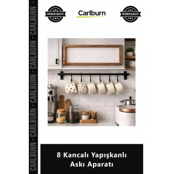 Özel Üretim Mutfak Banyo Vidasız Delmeden Siyah Kaliteli Şık 8 Kancalı Yapışkanlı Askı Aparatı