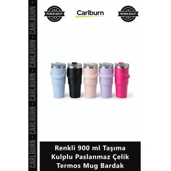 Özel Üretim Sızdırmaz Vakumlu Kamp Renkli 900 ml Taşıma Kulplu Paslanmaz Çelik Termos Mug Bardak