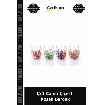 Özel Üretim Borosilikat Isıya Dayanıklı Tasarım Cidarlı Şık Modern Çift Camlı Çiçekli Köşeli Bardak