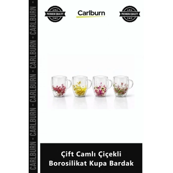 Özel Üretim Isıya Dayanıklı Tasarım Double Wall Kulplu Çift Camlı Çiçekli Borosilikat Kupa Bardak