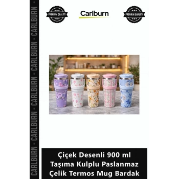 Özel Üretim Vakumlu Sızdırmaz Çiçek Desenli 900 ml Taşıma Kulplu Paslanmaz Çelik Termos Mug Bardak