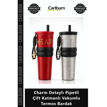 Özel Üretim Paslanmaz Çelik Lüks Gold Charm Detaylı Pipetli Çift Katmanlı Vakumlu Termos Bardak