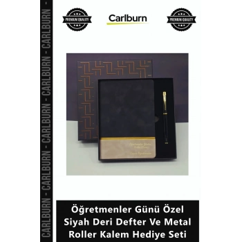 Özel Üretim İsimli Şık A5 Öğretmenler Günü Özel Siyah Deri Defter Metal Roller Kalem Hediye Seti