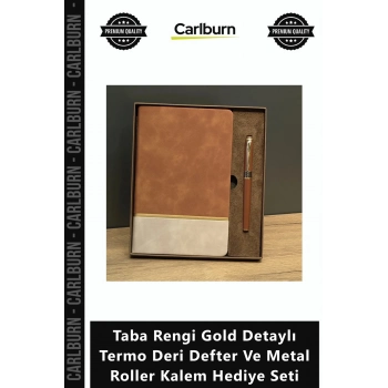 Özel Üretim Prestijli Taba Rengi Gold Detaylı Termo Deri Defter Metal Roller Kalem Hediye Seti