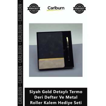 Özel Üretim Prestijli Şık Siyah Gold Detaylı Termo Deri Defter Metal Roller Kalem Hediye Seti