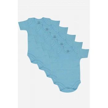 #ErkekZıbın Yumuşak Rahat Esnek Çıtçıtlı 100 Organik Pamuklu Mavi Kısa Kollu Bebek Body 5li Paket